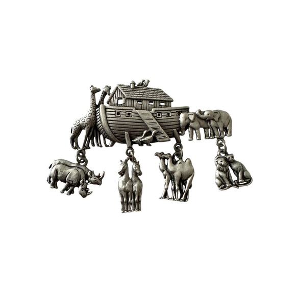 Silver JJ Jonette Brooch Pin Noahs Ark Animals, Elephant, Giraff, Ducks, Vintage - Picture 1 of 5